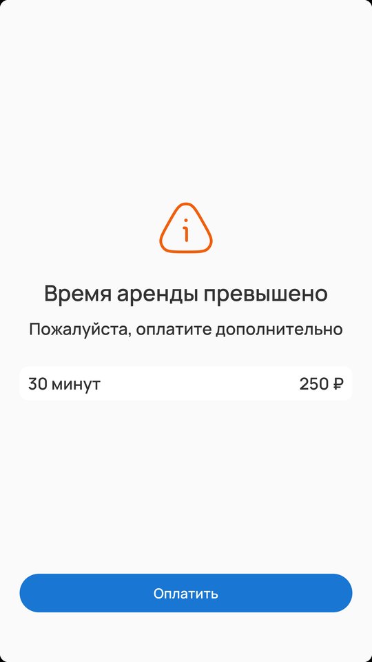 Экран при возврате: время аренды превышено, доплата 250 рублей
